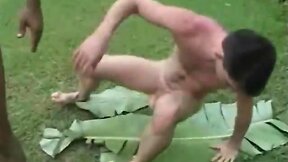 A black stud spreads his legs wide and gets nailed by a well hung white twink.